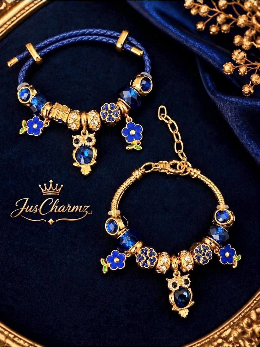 ✨ Royal Blue Crystal Owl & Floral Charm Bracelet 2-Piece Set ✨
